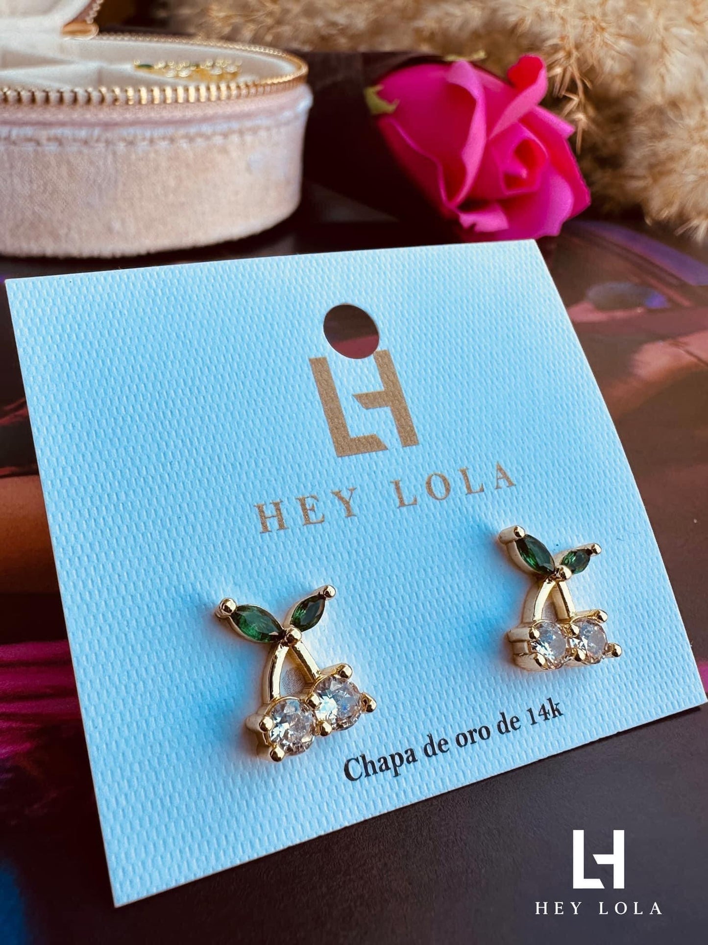 Aretes de Cereza con Cristales - Chapa de Oro 14k