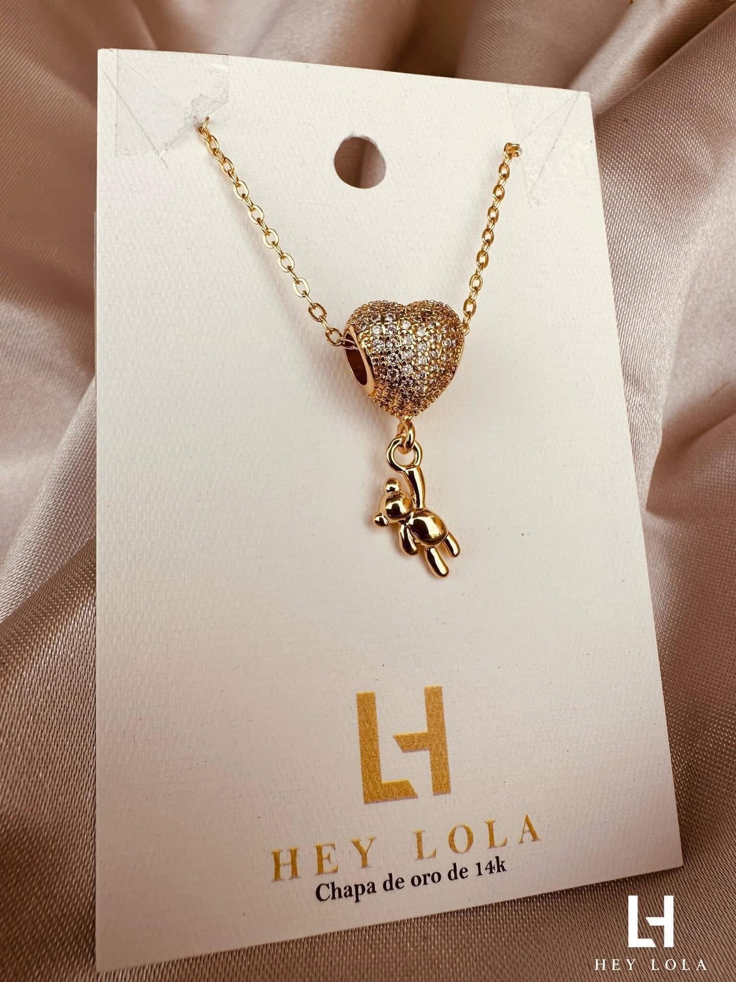Collar Corazón con Osito Chapado en Oro 18K