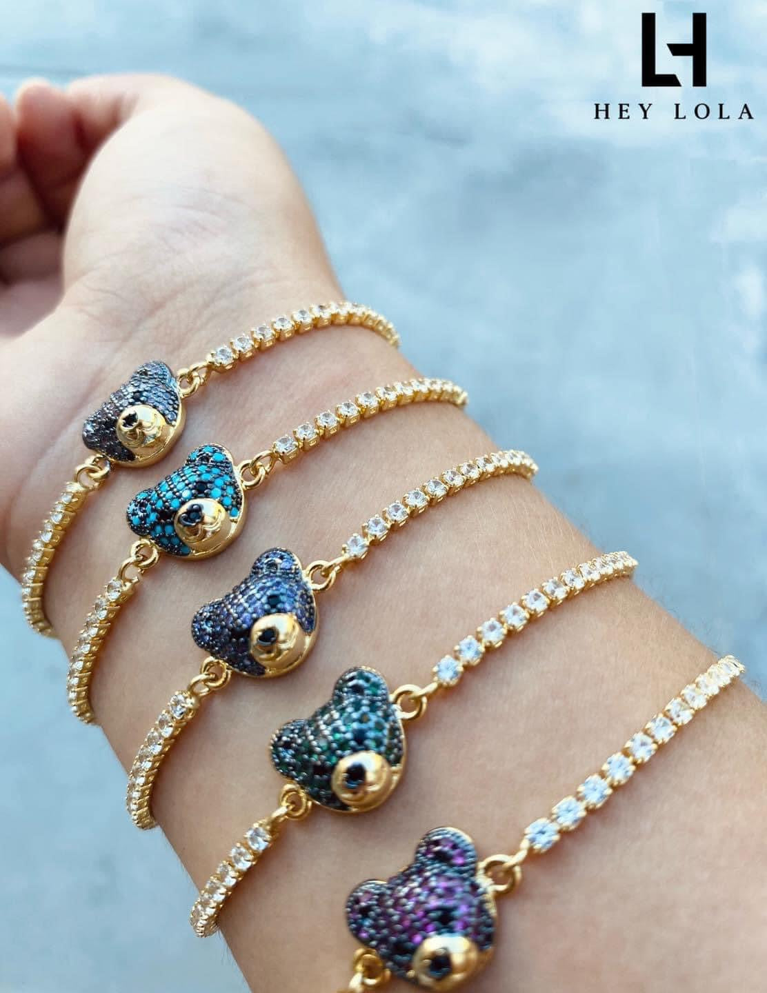 Pulseras Tipo Tennis con Dije de Osito Pavé de Zirconias