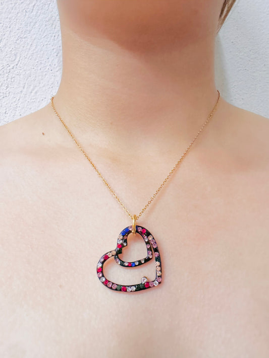 Collar Doble Corazón con Cristales Multicolor