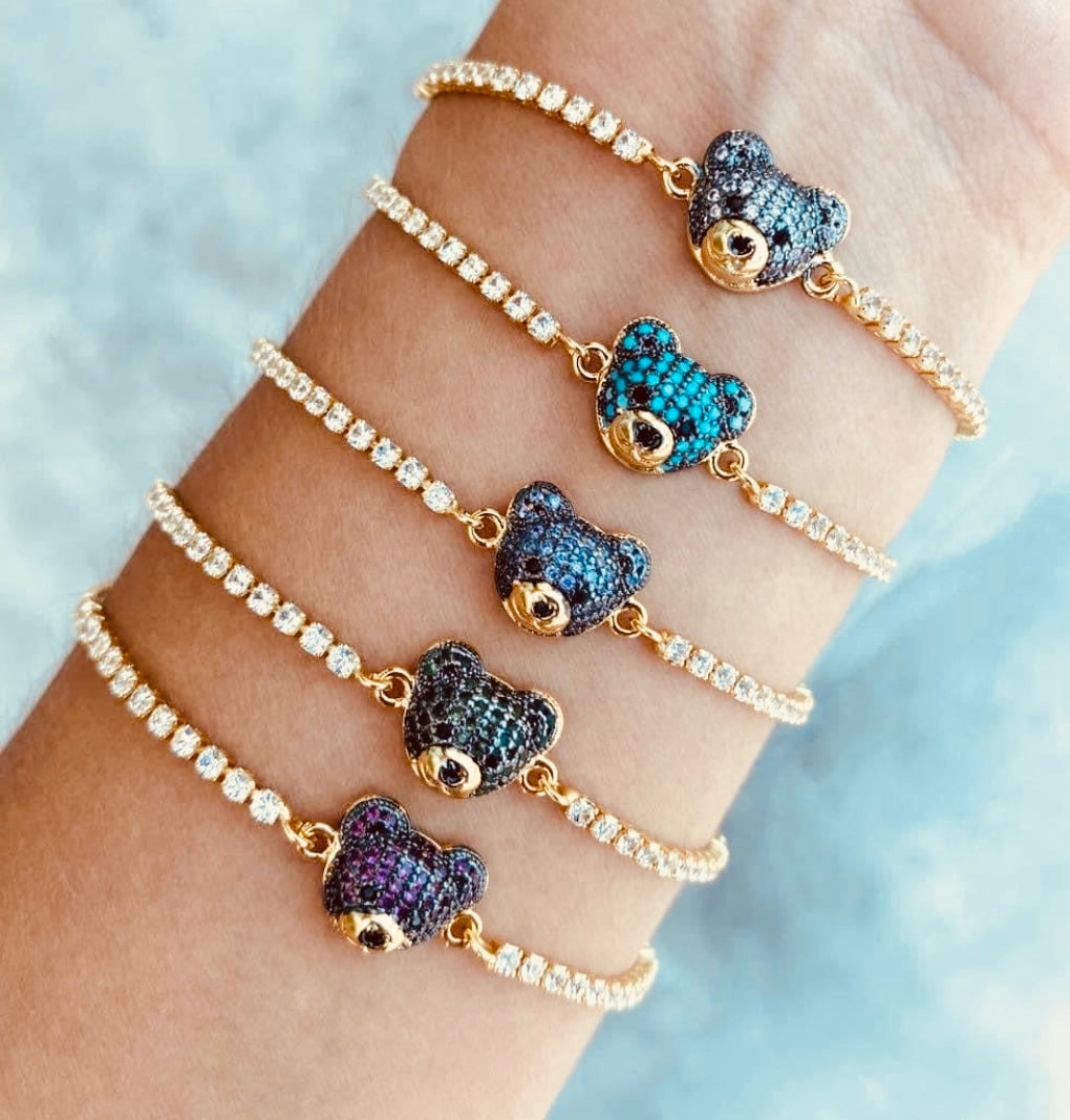 Pulseras Tipo Tennis con Dije de Osito Pavé de Zirconias