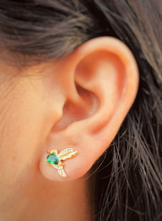 Aretes de Colibrí con Cristales Verdes - Chapados en Oro 14k