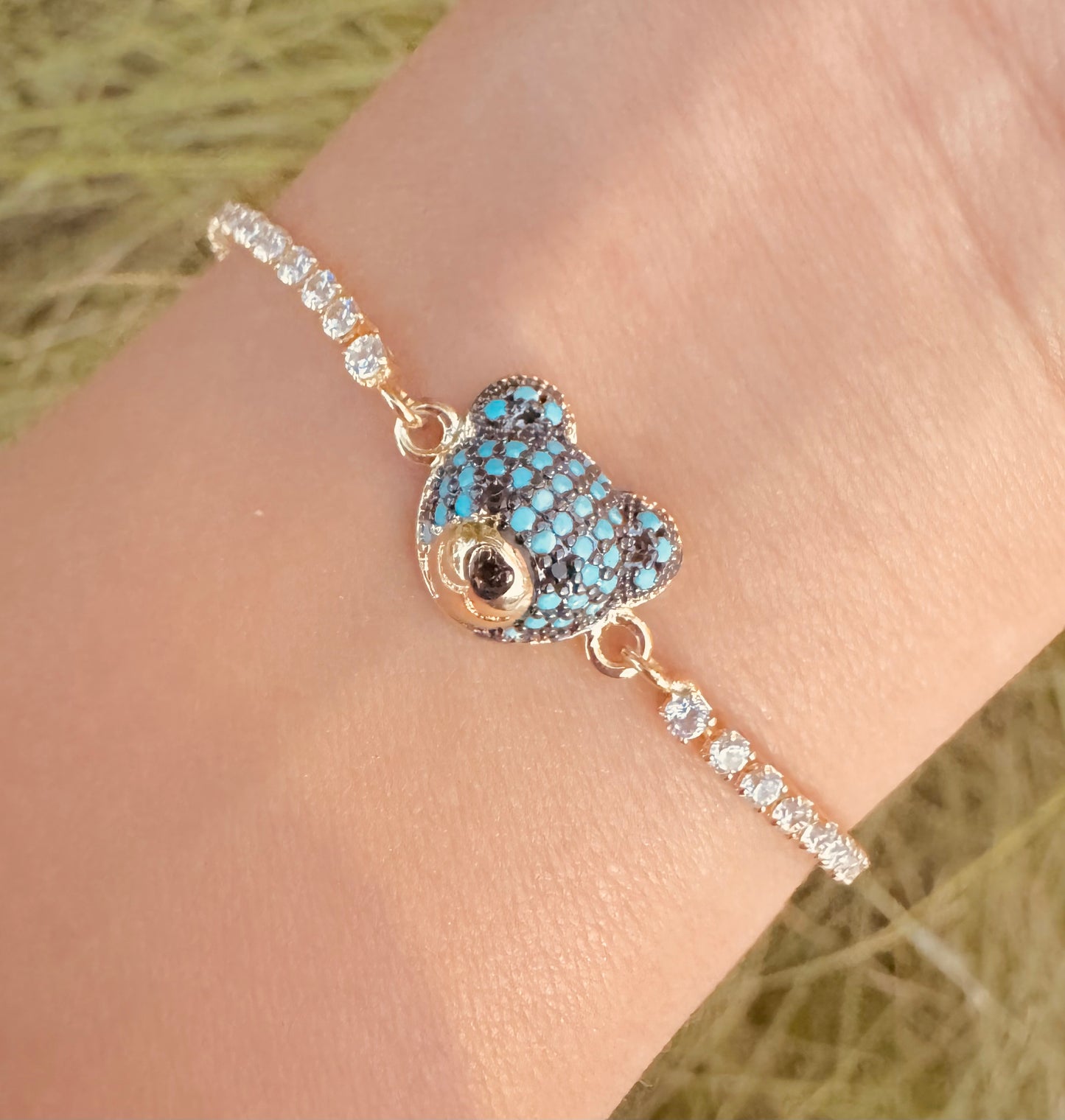 Pulseras Tipo Tennis con Dije de Osito Pavé de Zirconias