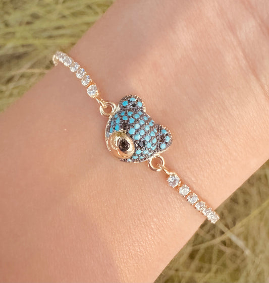 Pulseras Tipo Tennis con Dije de Osito Pavé de Zirconias