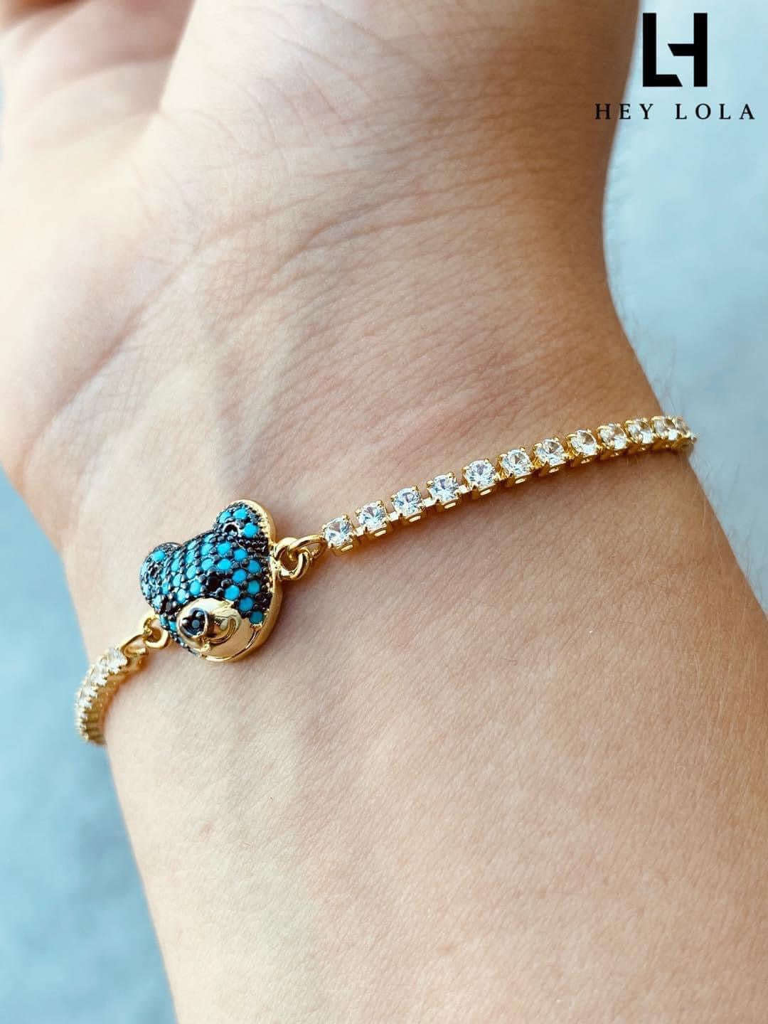 Pulseras Tipo Tennis con Dije de Osito Pavé de Zirconias