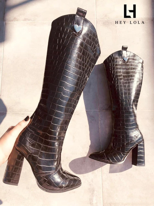 Bota Vaquera Negra con Estilo Cocodrilo