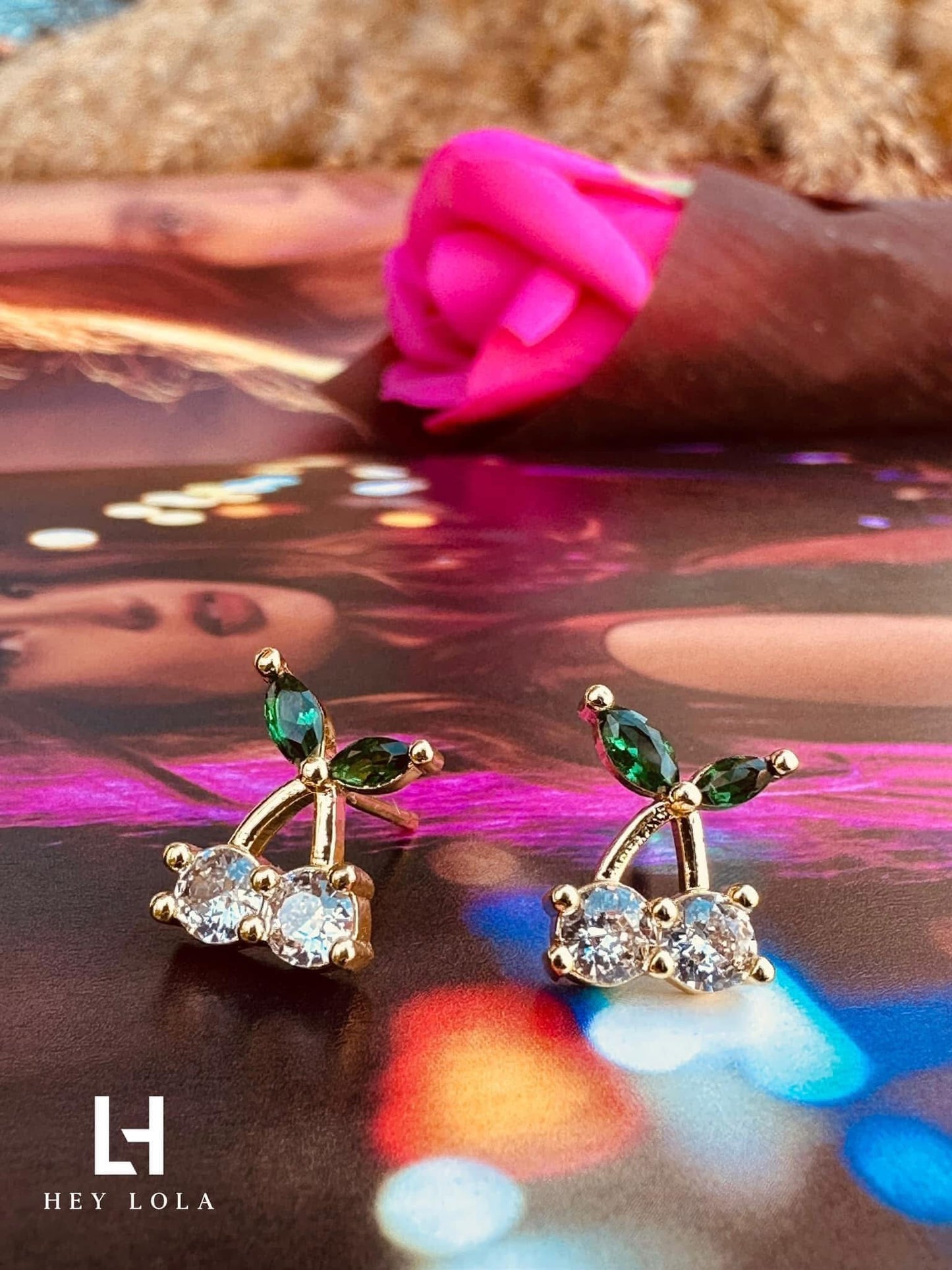 Aretes de Cereza con Cristales - Chapa de Oro 14k