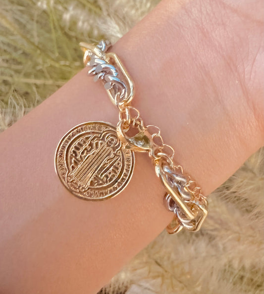 Pulsera de Cadena Mixta con Medalla San Benito