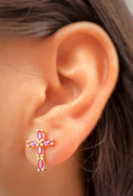 Aretes de Cruz con Cristales en Tonos Vibrantes