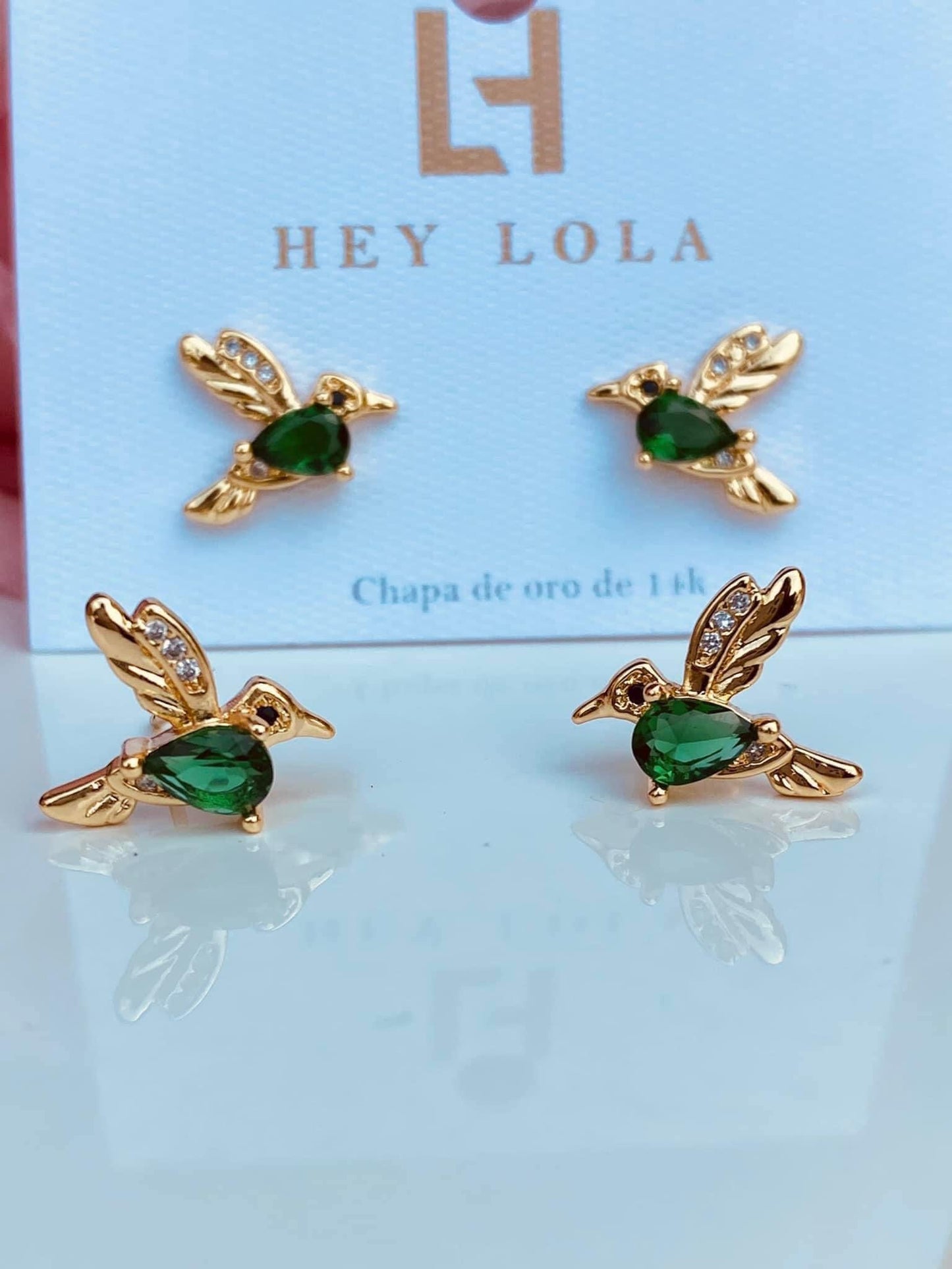 Aretes de Colibrí con Cristales Verdes - Chapados en Oro 14k