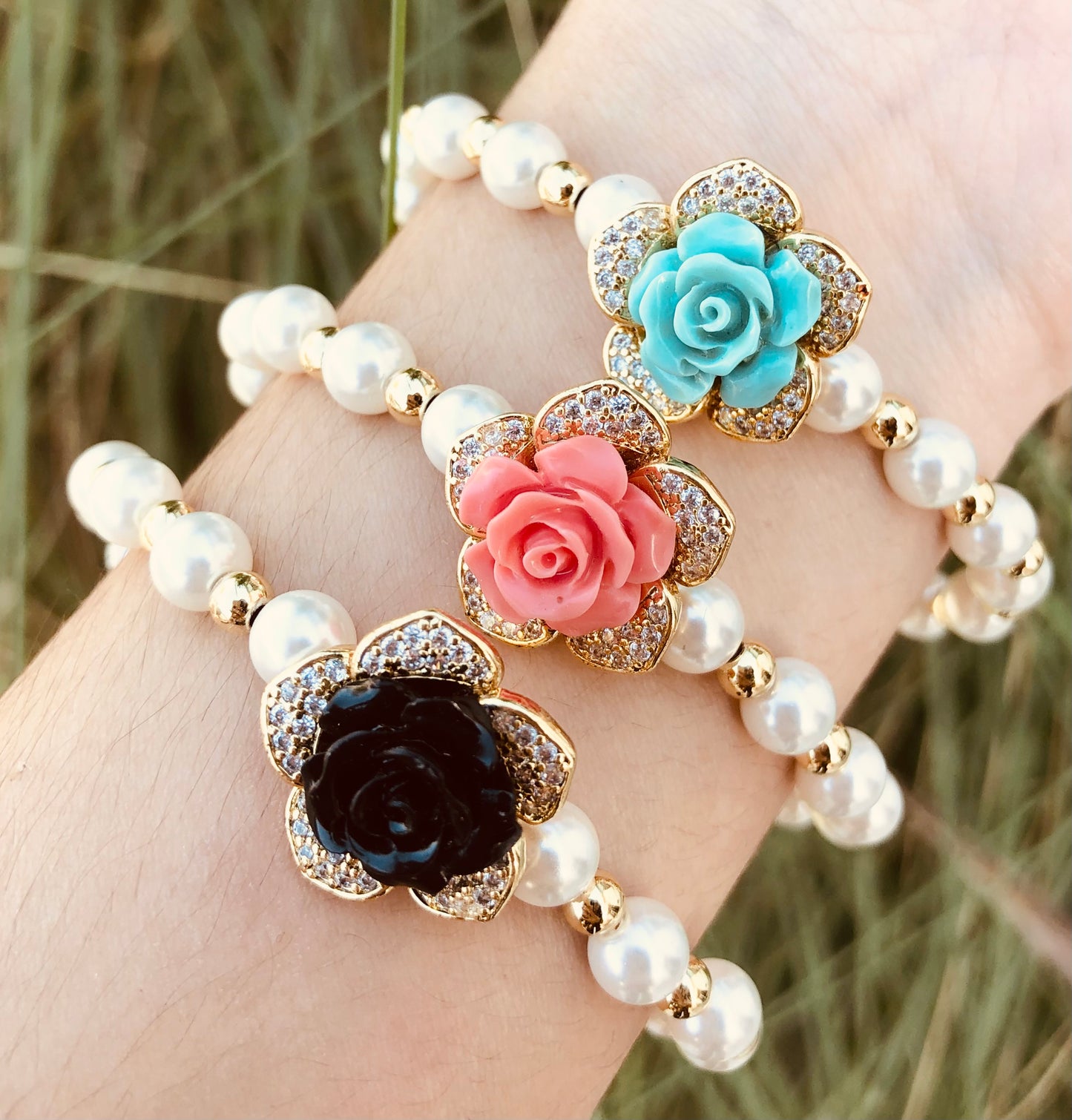 Pulseras de Perlas con Flor Central