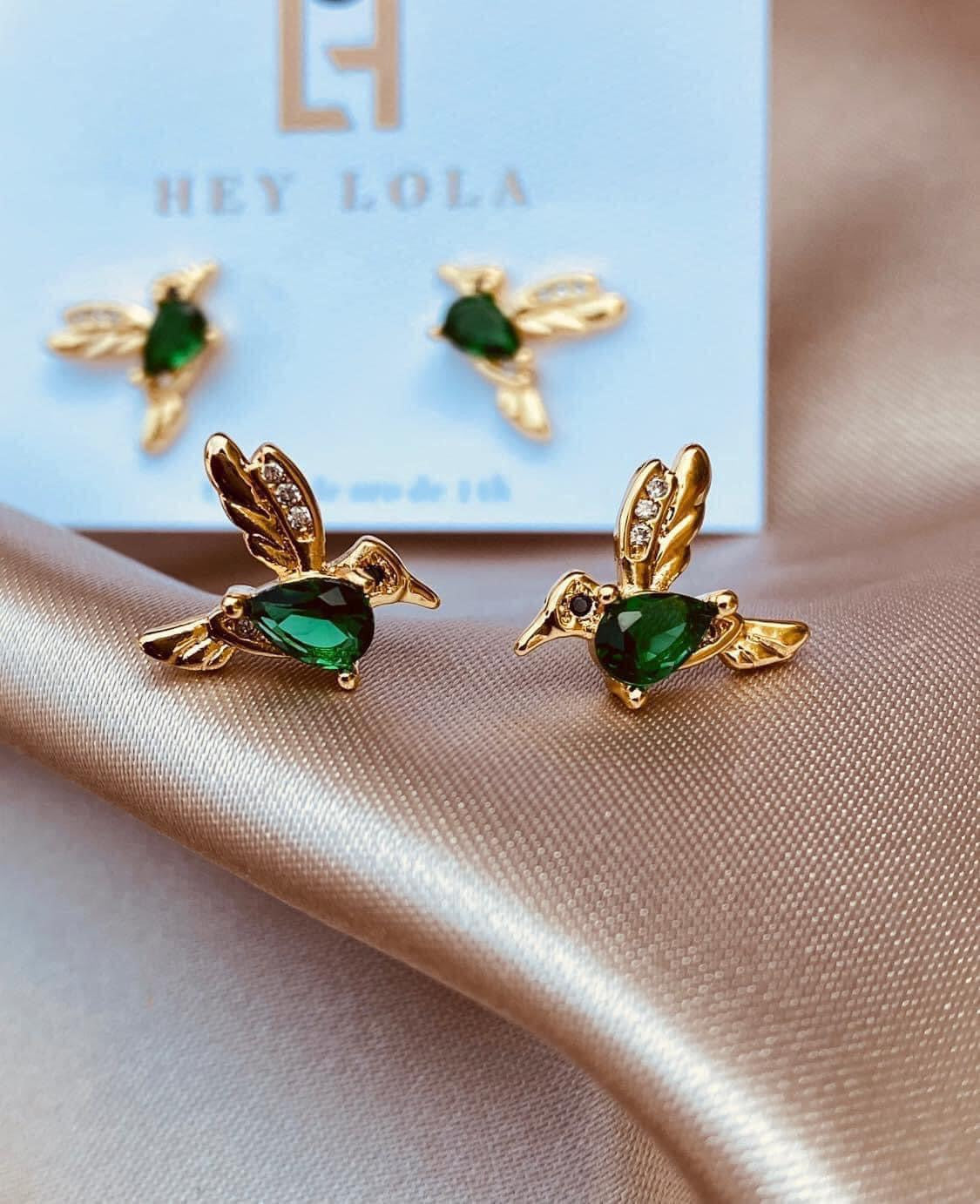 Aretes de Colibrí con Cristales Verdes - Chapados en Oro 14k