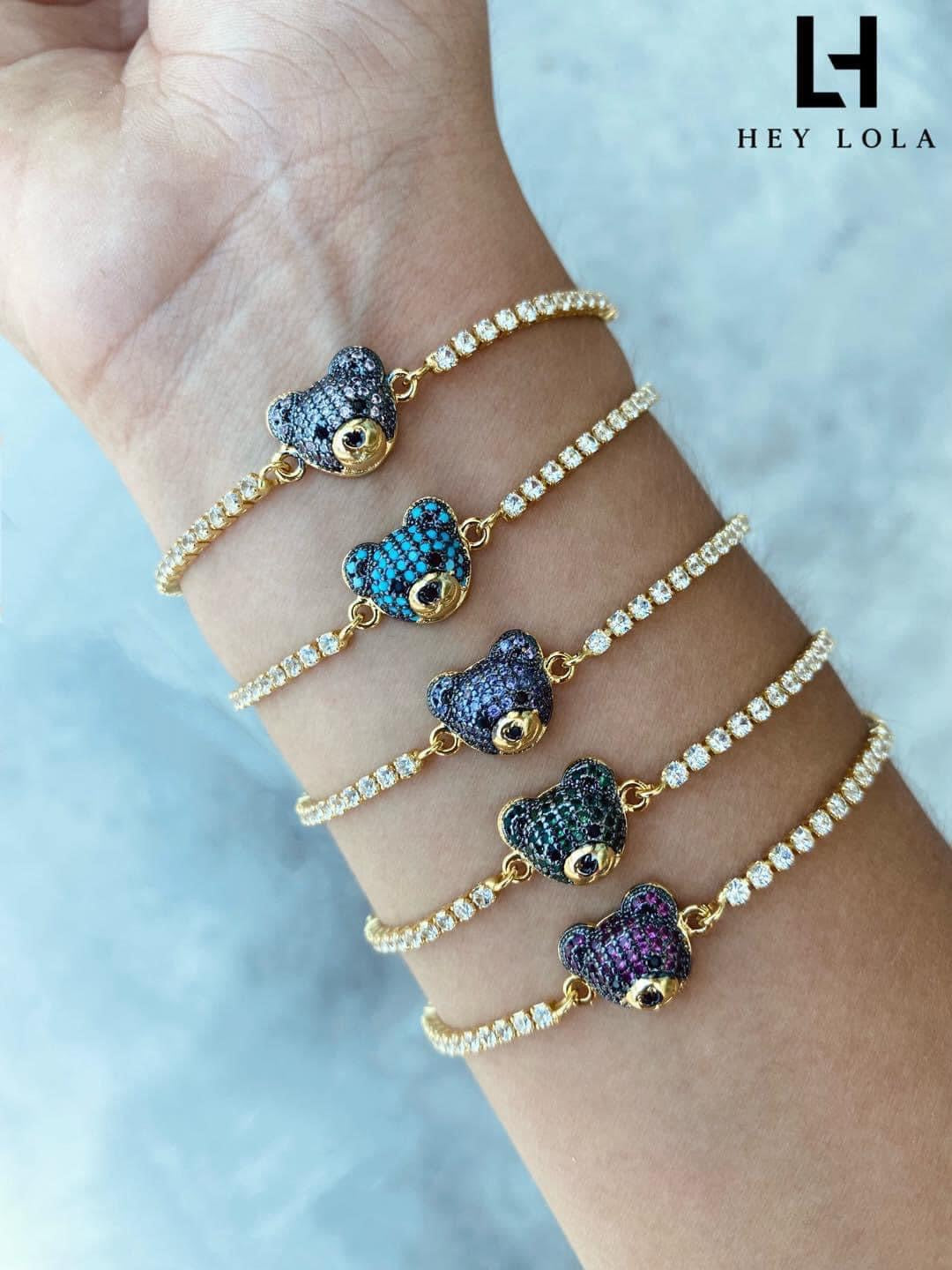 Pulseras Tipo Tennis con Dije de Osito Pavé de Zirconias