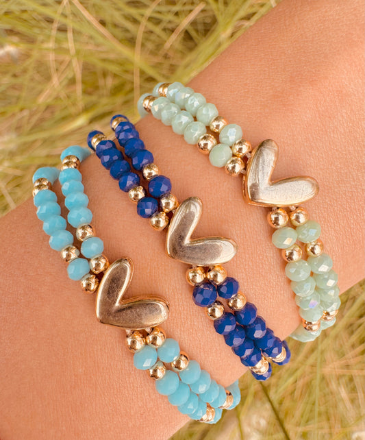 Pulseras de cuentas con dije de corazón chapado en oro
