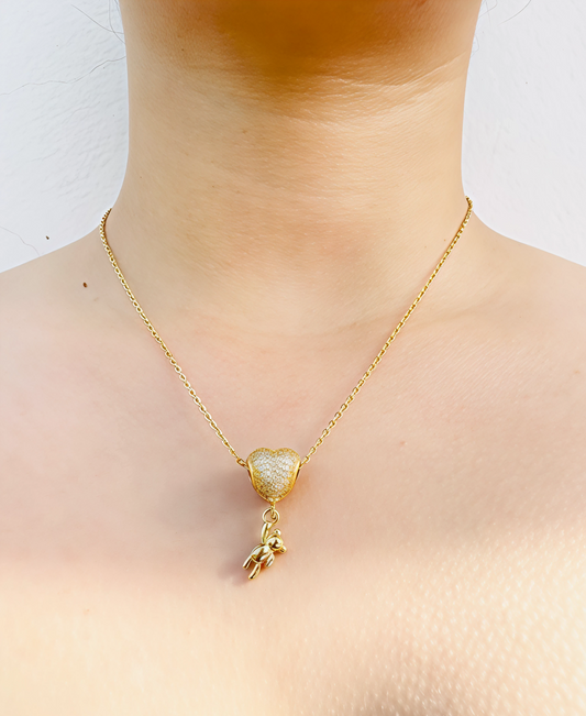 Collar Corazón con Osito Chapado en Oro 18K